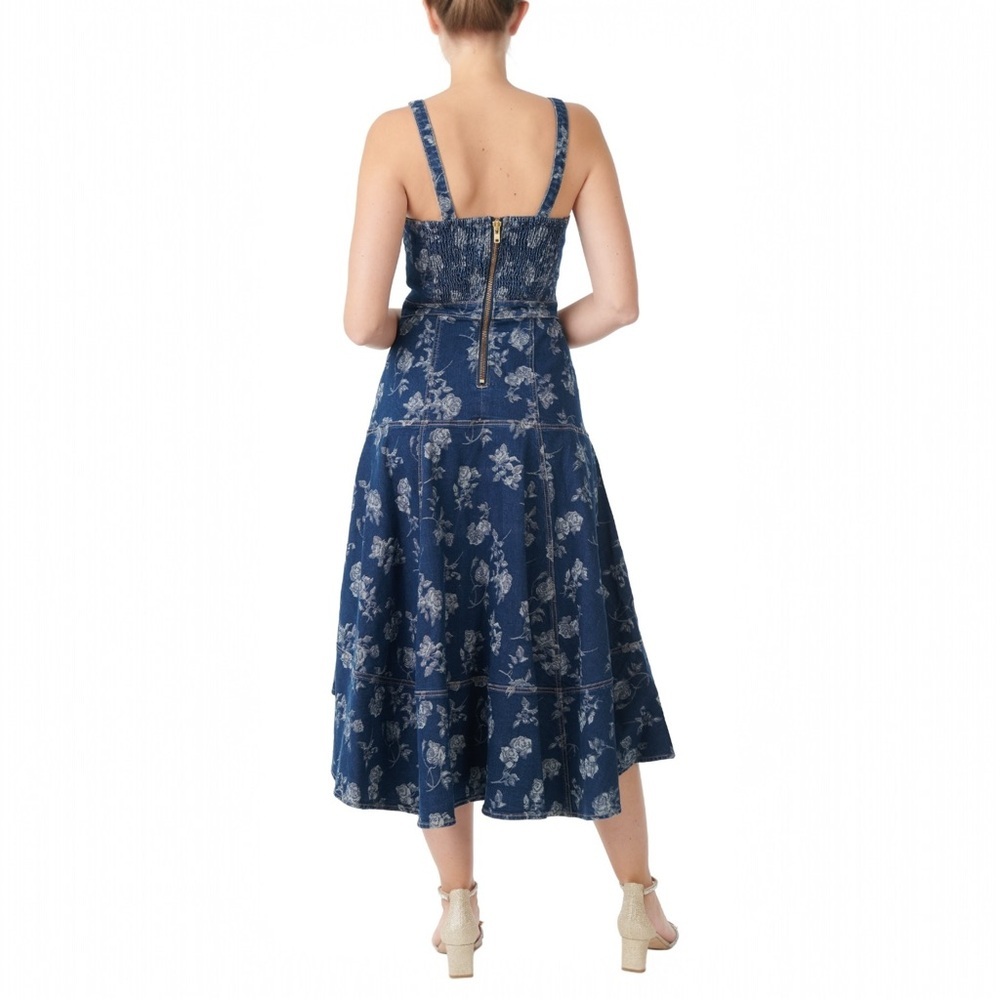 NWT Jewel Badgley Mischka Rose Print High Low Denim Dress Size 8 Dark Blue - Picture 3 of 15